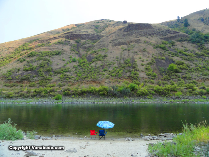 From our Vanabode our riverfront camping spot Hammer Creek BLM campground in Idaho