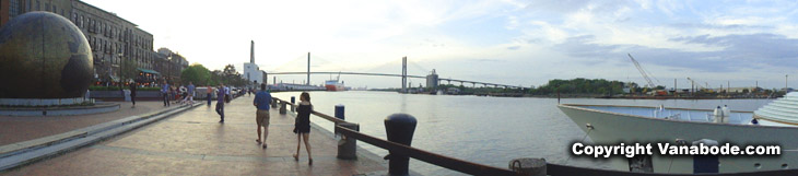 Picture of the downtown waterfront area of Savannah Georgia near sunset.