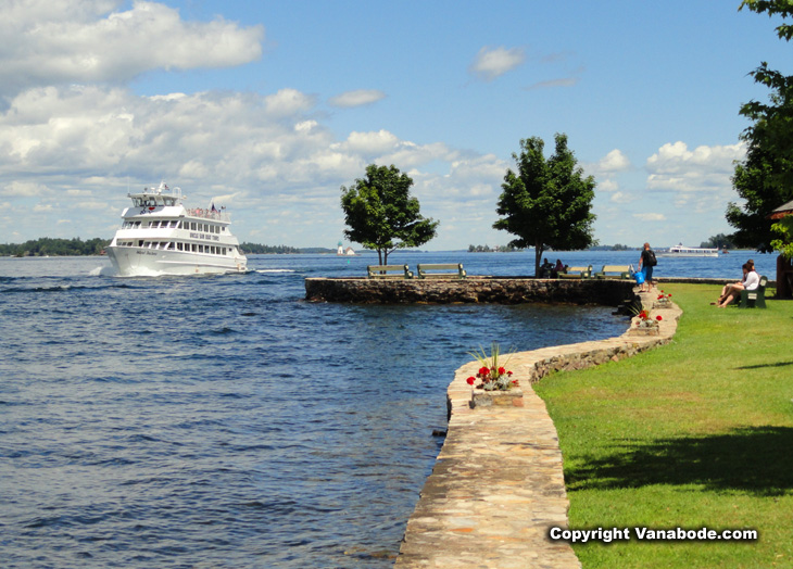 cruise ship in thousand islands waterways around alexandria